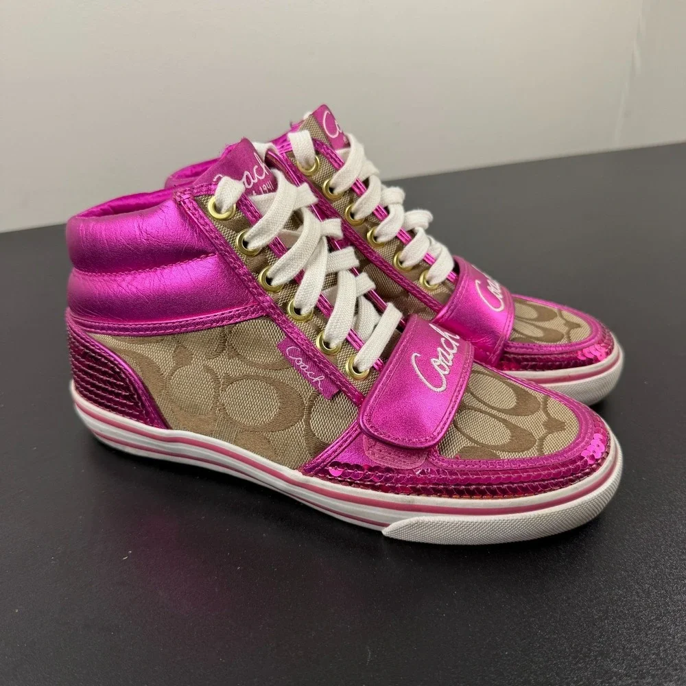 Vintage Coach Mistie Shoes Womens 6B Pink Monogram Canvas High Top Sneakers